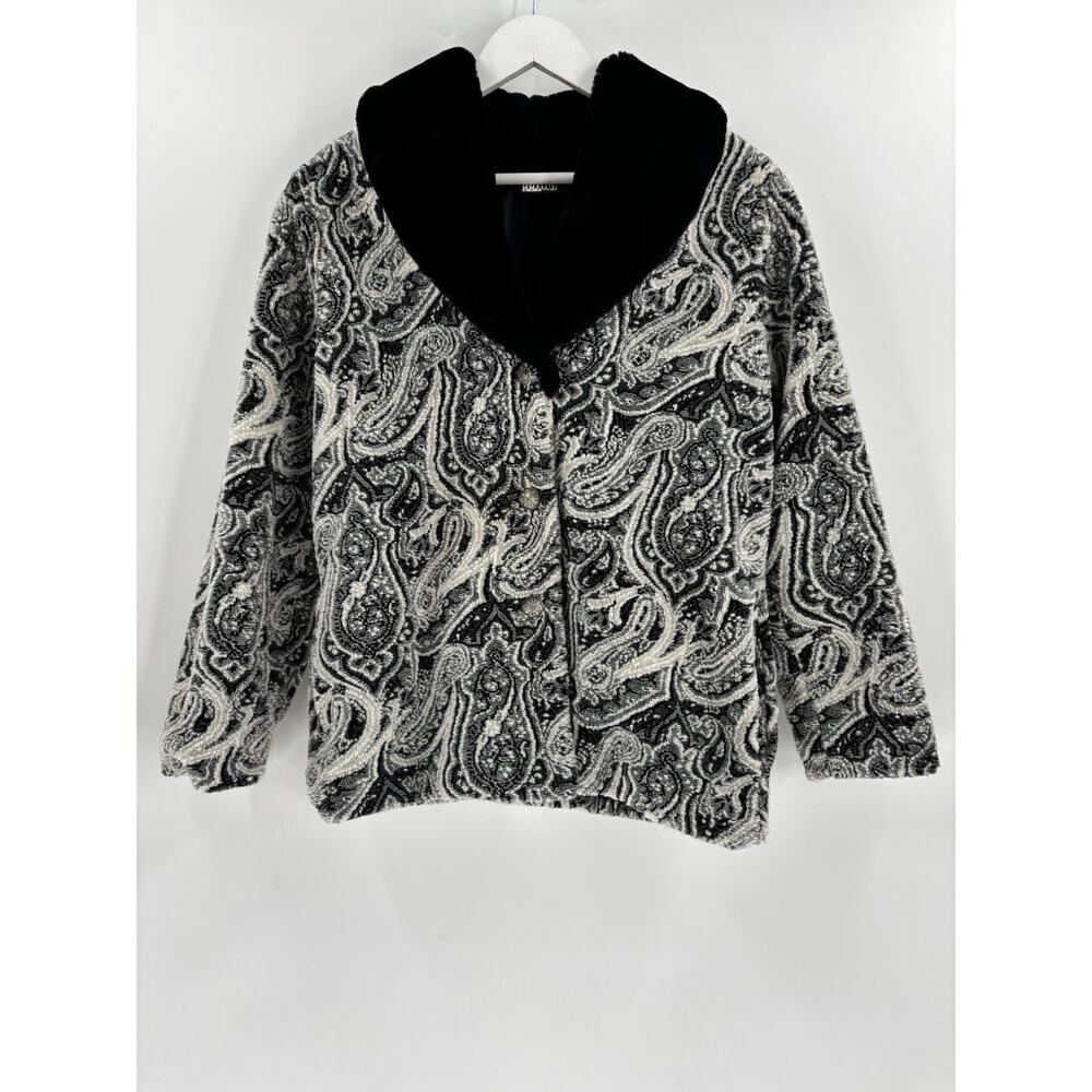 Vintage Duffel Outdoor Jacket Womens Medium Black White Paisley Fleece Buttons